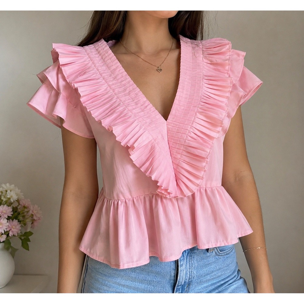 🌸 ENTRO Pink Ruffled Peplum Blouse – Women's Size S